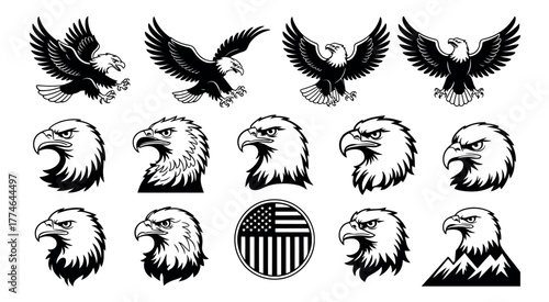 Vector Silhouettes of Eagles in Dynamic Poses. Emblem and Logo Style Illustrations for Patriotic, Wildlife, Tattoo, Outdoor, and Artistic Design Projects in Vector Format