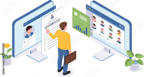Isometric business illustration of online recruitment process, digital resume review, candidate selection, and virtual hiring system for modern HR management