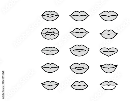 Collection of stylized lips icons in various shapes and expressions mouth symbol.