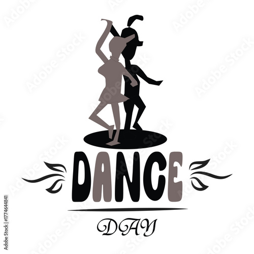 Dance Day Sign. Dynamic figures showcase energetic movements in a lively dance performance, filled with joy and rhythm. The artwork captures the essence of celebration.