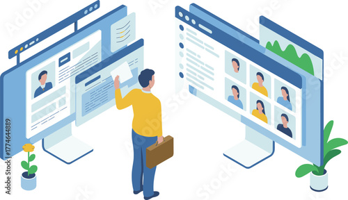 Isometric business illustration of online recruitment process, digital resume review, candidate selection, and virtual hiring system for modern HR management