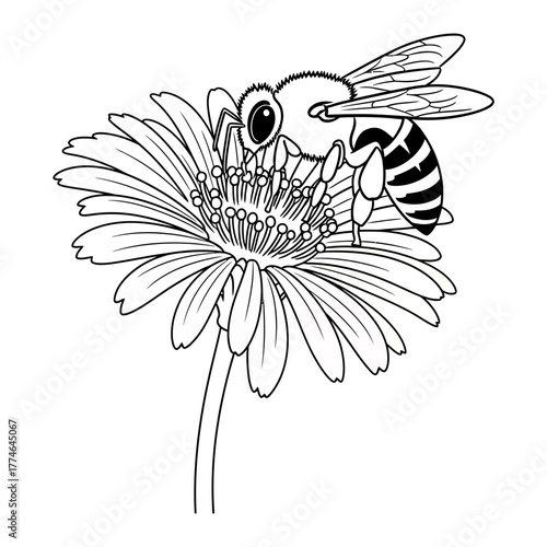 A detailed illustration of a bee collecting nectar from a vibrant flower, showcasing nature's beauty