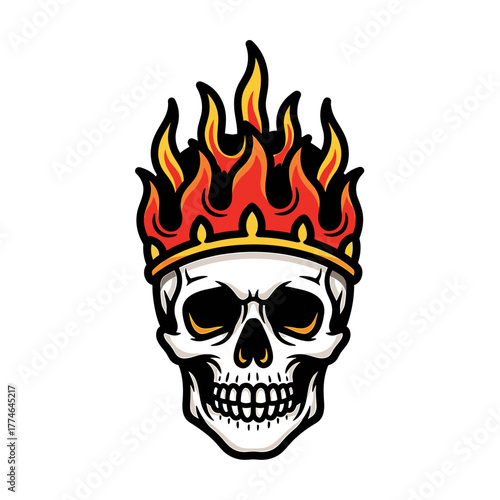 Skull wearing a golden crown engulfed in flames, set against a white background.