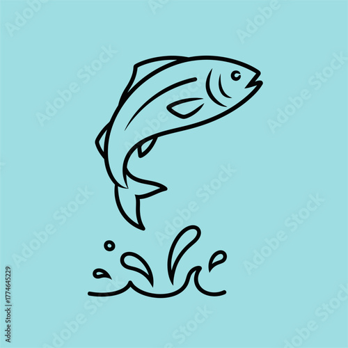 A lively fish jumping out of the water, creating splashes against a serene blue background