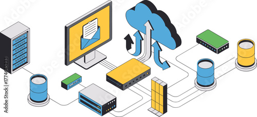 Isometric cloud computing network illustration showing data servers, database storage, email communication, and online data exchange technology concept design