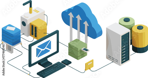 Isometric cloud computing network illustration showing data servers, database storage, email communication, and online data exchange technology concept design