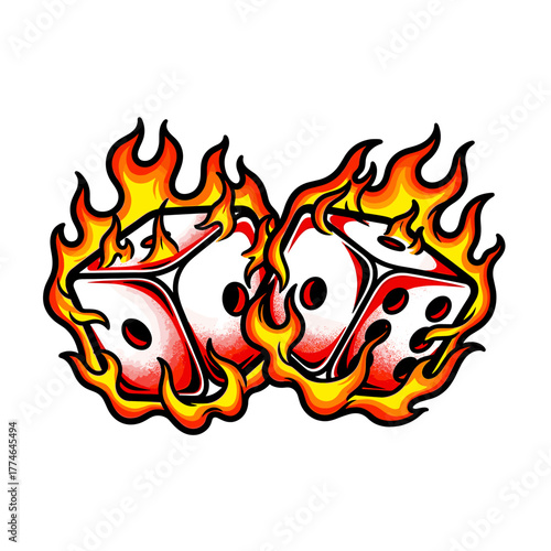 Two white dice engulfed in vibrant orange and yellow flames, creating a dynamic and fiery composition.