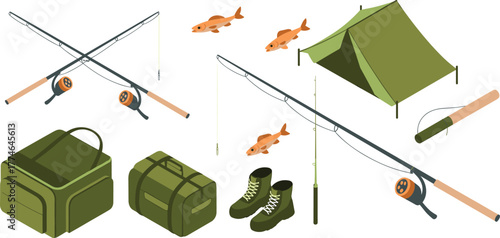 Isometric fishing equipment set with fishing rods, tent, fish, boots, bags, and camping gear for outdoor recreation and adventure