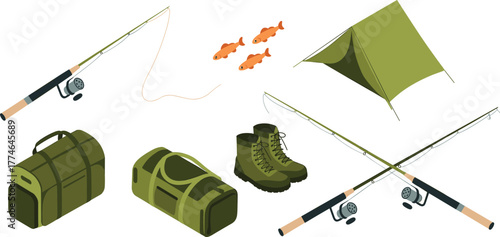 Isometric fishing equipment set with fishing rods, tent, fish, boots, bags, and camping gear for outdoor recreation and adventure