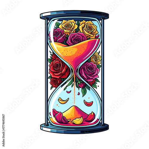 An hourglass filled with colorful roses, representing the passage of time.