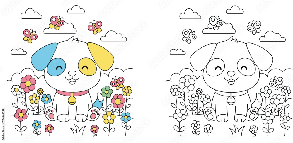 Obraz premium Adorable Puppy in a Flower Garden Coloring Page for Kids - Cute Animal Illustration with Butterflies