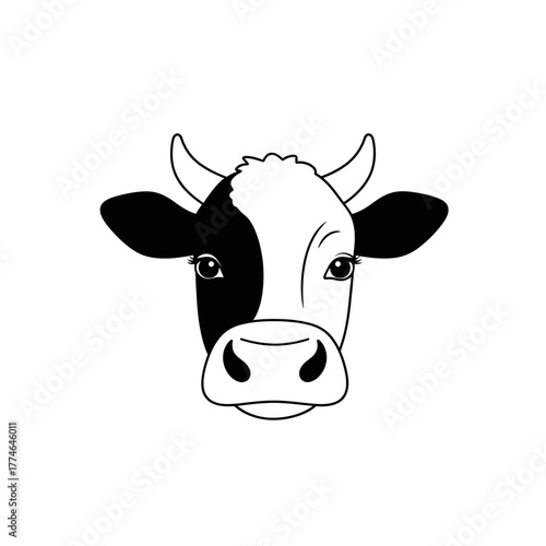 Black and white cow face illustration with expressive eyes and distinct features on a plain background