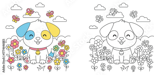 Adorable Puppy in a Flower Garden Coloring Page for Kids - Cute Animal Illustration with Butterflies