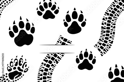 Black and white artistic representation of animal paw prints and tire tracks on a white background