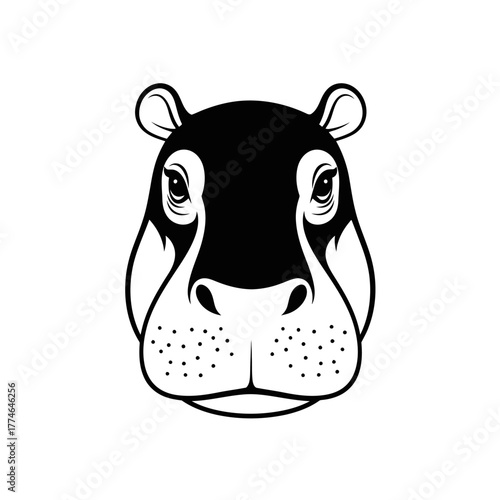 Black and white illustration of a hippo's head with distinct facial features and patterns