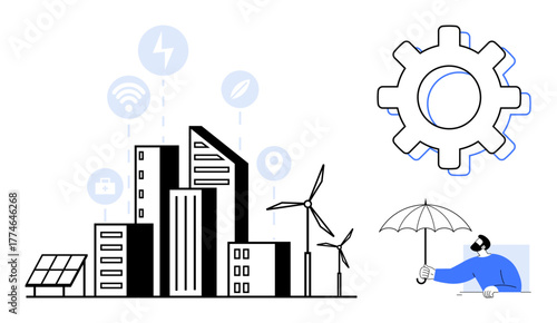 Urban skyline with solar panels, wind turbines, connectivity icons, gear representing innovation, and a person holding an umbrella. Ideal for sustainability, energy, technology, smart cities