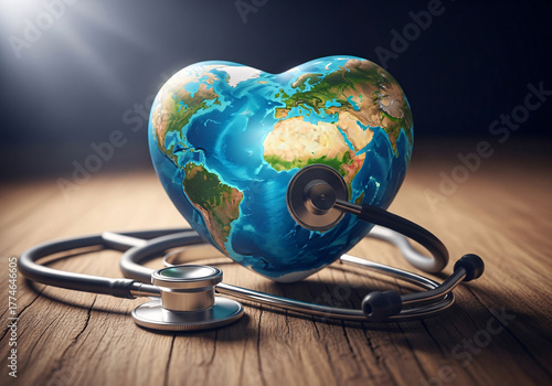 A stethoscope is placed on a heartshaped globe, symbolizing global health and medical care for the planet
