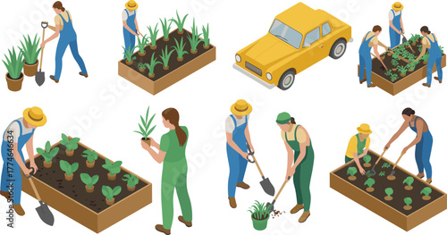 Isometric illustration of farmers planting vegetables, watering plants, and growing crops in garden beds with tools and gardening equipment