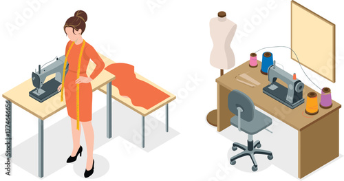 Isometric illustration of fashion designer working with sewing machine, fabric cutting, dressmaking tools, and tailoring workspace for garment creation