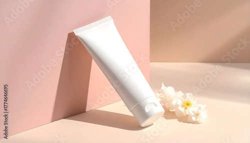Blank beauty product tube mockup with flowers for skincare marketing promotion
