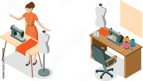 Isometric illustration of fashion designer working with sewing machine, fabric cutting, dressmaking tools, and tailoring workspace for garment creation