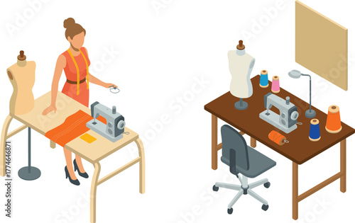 Isometric illustration of fashion designer working with sewing machine, fabric cutting, dressmaking tools, and tailoring workspace for garment creation