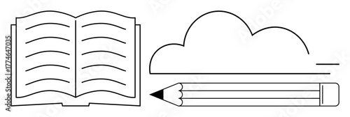 Open book with lines, pencil, and abstract cloud design representing knowledge, creativity, and writing. Ideal for education, creativity, writing, innovation learning imagination and simplicity in