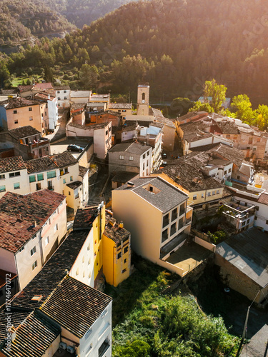 Aerial view of old cozy houses among rocky mountains, town Margalef Spain.