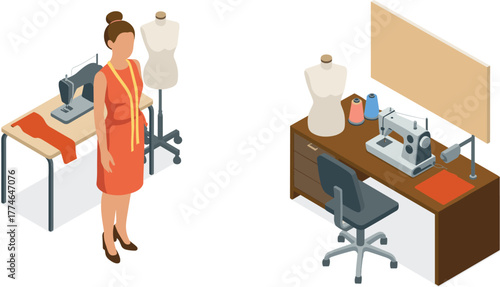 Isometric illustration of fashion designer working with sewing machine, fabric cutting, dressmaking tools, and tailoring workspace for garment creation