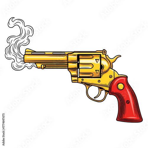 A stylized illustration of a golden revolver with smoke billowing from the barrel.