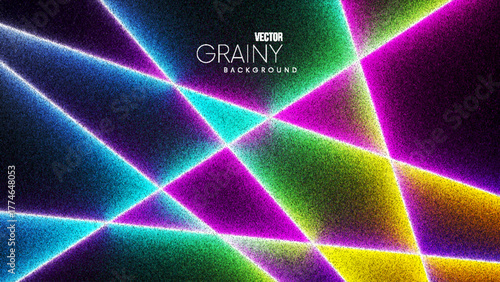 Vibrant grainy background with intersecting neon lines and glowing colors cuts created from thousands of individual dots. Glowing spectrum light beams crossing each other with grainy noisy texture
