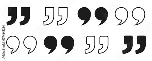 Quote right icon set. Double quotation symbol. Discussion dialog remark open and close quote sign. Filled and outlined style