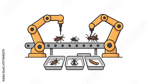 automated robotic arms sorting insects modern high tech farming facility flat vector illustration style isolated on white background
