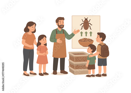 family visiting insect farm learning about sustainable protein future flat vector illustration style isolated on white background