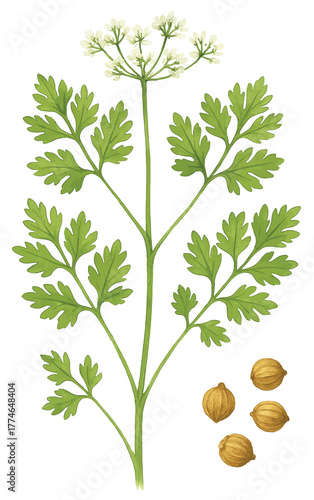 Coriander plant with seeds, botanical illustration, watercolor style