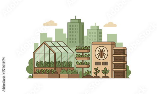 sustainable city farm combining insect protein and urban agriculture systems flat vector illustration style isolated on white background