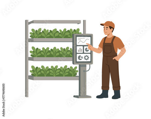 vertical farm operator managing automated systems for urban agriculture production flat vector illustration style isolated on white background