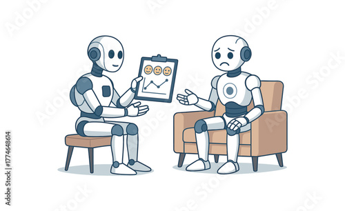 robot psychologist diagnosing emotional patterns social robotics flat vector illustration style isolated on white background
