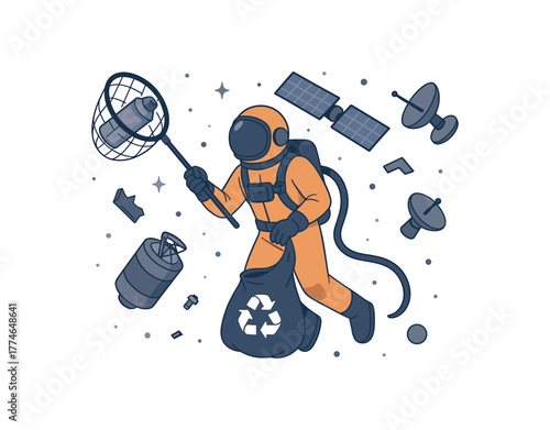 space debris removal technician capturing and recycling orbital waste flat vector illustration style isolated on white background