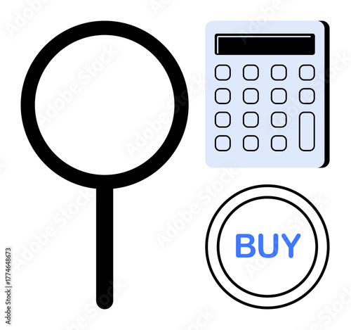 Magnifying glass, calculator, and a BUY button reflect search, financial calculation, and decision-making. Ideal for e-commerce, finance, shopping, decision-making analysis strategy simplicity