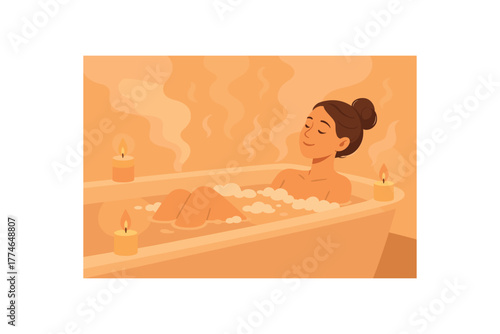 warm evening bath with candles and steam slow relaxation no outline flat vector illustration style isolated on white background soft natural tones
