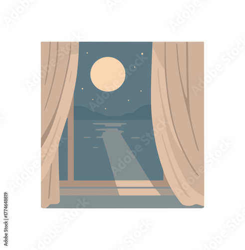 moonlight reflecting through curtain calm quiet evening moment no outline flat vector illustration style isolated on white background gentle tones