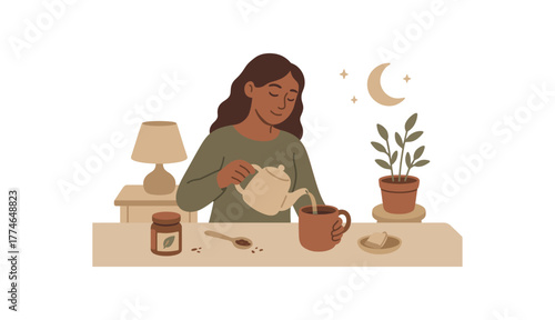preparing herbal tea before bed mindful nighttime routine no outline flat vector illustration style isolated on white background muted natural colors
