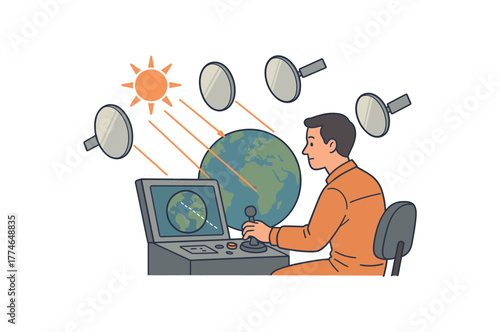 solar shade operator controlling orbital mirrors to regulate global temperature flat vector illustration style isolated on white background