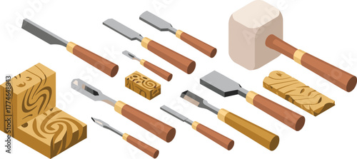 Isometric illustration of woodworking tools including chisels, mallet, and carved wooden blocks for craft, carpentry, and wood sculpture design