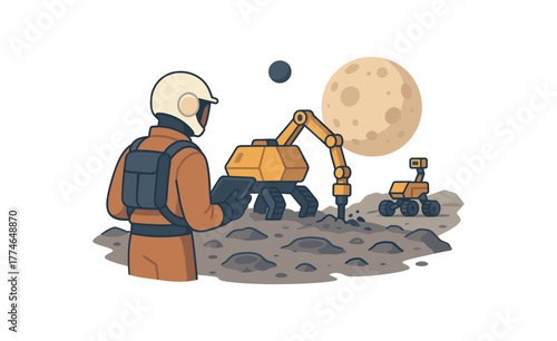 off world mining operator managing robotic extraction on asteroids and moons flat vector illustration style isolated on white background