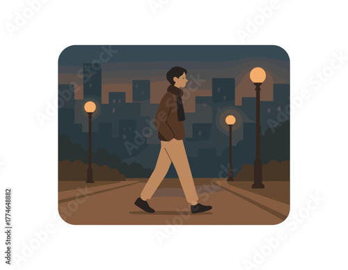 evening walk under city lights slow peaceful rhythm no outline flat vector illustration style isolated on white background gentle neutral tones