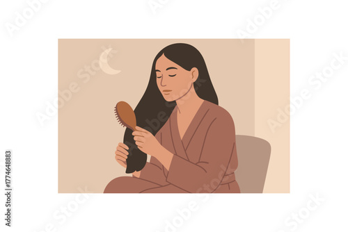 woman brushing hair evening self care peaceful silence no outline flat vector illustration style isolated on white background muted soft hues