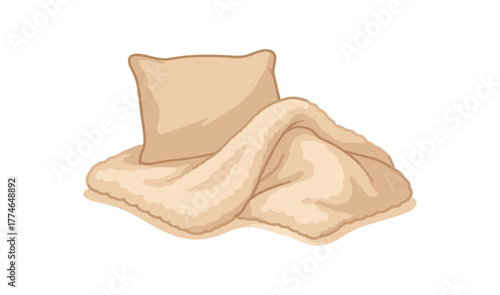 fluffy blanket and pillow quiet night comfort scene no outline flat vector illustration style isolated on white background muted beige palette
