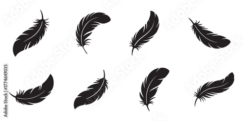 Simple black bird feathers vector illustration, hand-drawn feather collection, nature-inspired silhouette. Realistic black feather silhouette set.